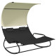 Transat chaise longue bain de soleil lit de jardin terrasse meuble d'extérieur double à bascule avec auvent noir et crème helloshop26 02_0012766