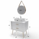 Meuble salle de bain scandinave blanc 80 cm sur pieds avec tiroir, vasque a poser et miroir rond - nordik basis runt 80 