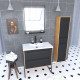 Meuble de salle de bain 80x50cm - vasque blanche 80x50cm -2 tiroirs noir mat + colonne + miroir led Aurlane - PACM090