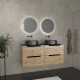 Meuble salle de bains 120cm chêne et noir, vasques rondes ø36cm et miroirs black led ø50cm - omega Aurlane - PACM588