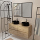 Meuble salle de bains 120cm 4 tiroirs chêne naturel, 2 vasques noires ø41cm et 2 miroirs 55x75 cm Aurlane - PACM764
