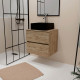 Meuble salle de bains 60cm 2 tiroirs chêne naturel + vasque carrée 41x41x15cm en céramique noire Aurlane - PACM737