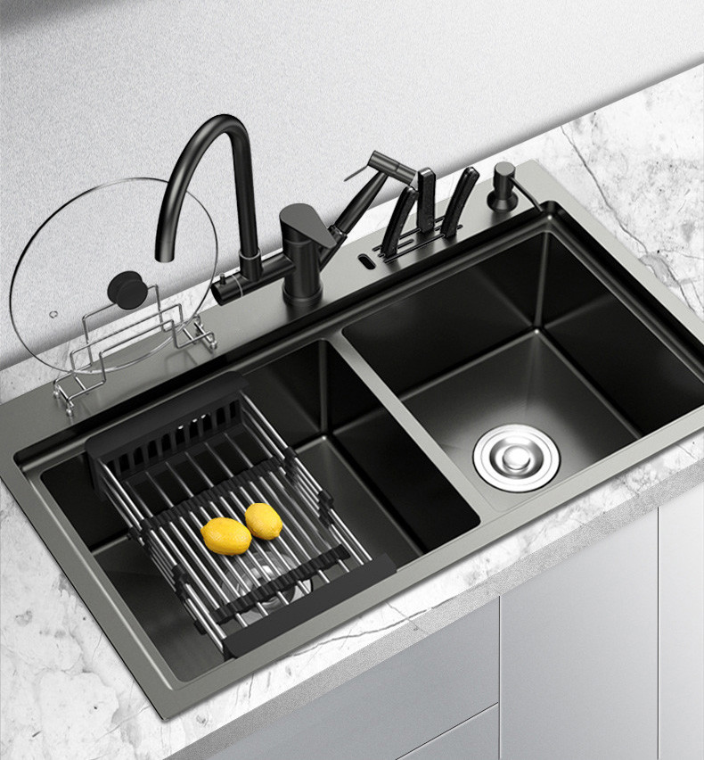 evier de cuisine a deux bacs en inox noir 82 x 46 cm distriartisan