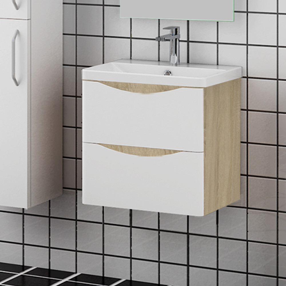 aica meuble de rangement de salle de bain avec lavabo blanc et bois clair 50cm distriartisan