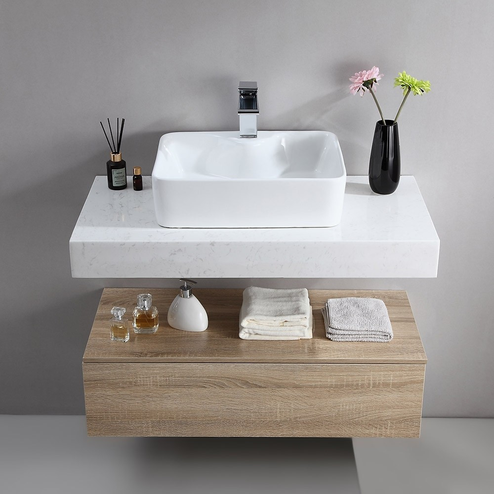 Meuble De Salle De Bain Suspendu Avec Lavabo En Bois 90 Cm Distriartisan