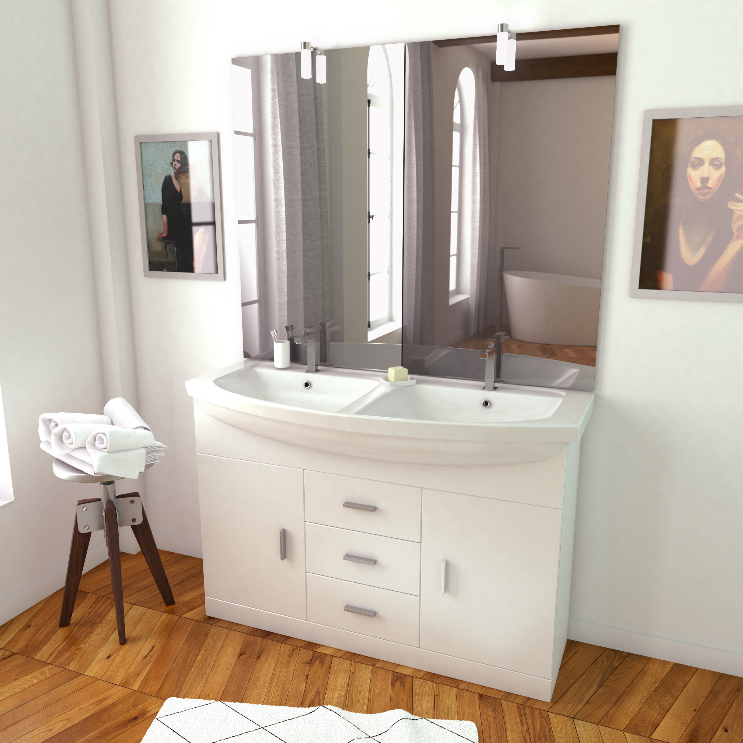 aurlane meuble de salle de bain blanc double vasque 120cm sur pied vasque ceramique blanche miroir applique led thrifty 120 distriartisan