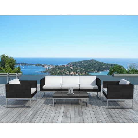 Salon de jardin design 6 éléments en résine noire coussins écrus