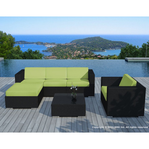 Salon de jardin 6 éléments en résine noire coussins verts