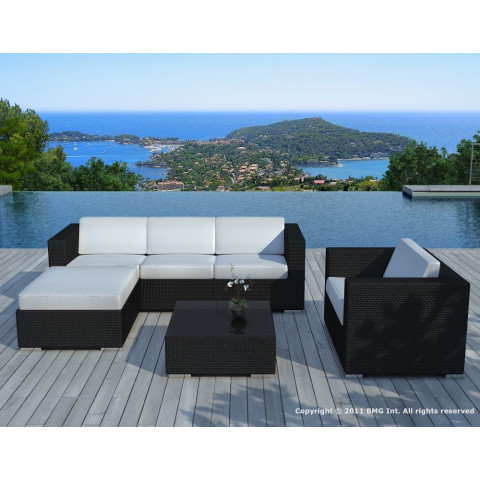 Salon de jardin 6 éléments en résine tressée noire coussins ecrus