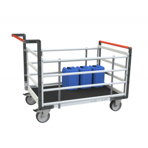 Chariot modulaire tube 2 dossiers + 2 ridelles, plateau bois avec tapis caoutchouc 1000 x 600 mm 500 kg
