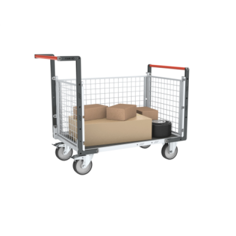 Chariot modulaire grillagé 2 dossiers + 2 ridelles, plateau bois avec tapis caoutchouc 1000 x 600 mm 500 kg