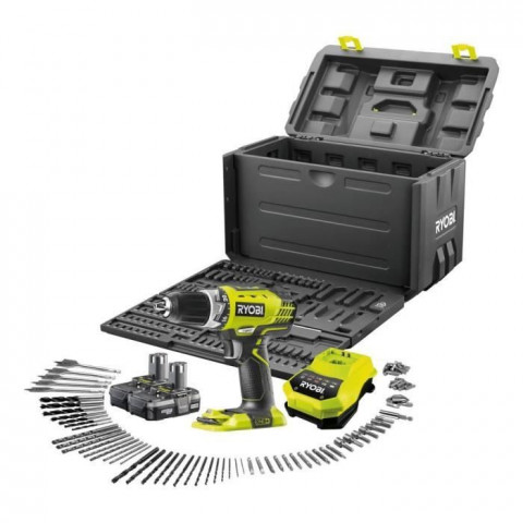 Ryobi perceuse-visseuse one+ 18 v , 100 accessoires et 2 batteries lithium 1,3 ah
