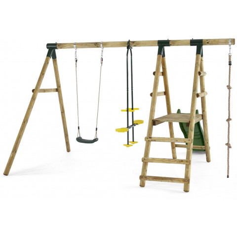 Portique en bois avec toboggan  et agrès