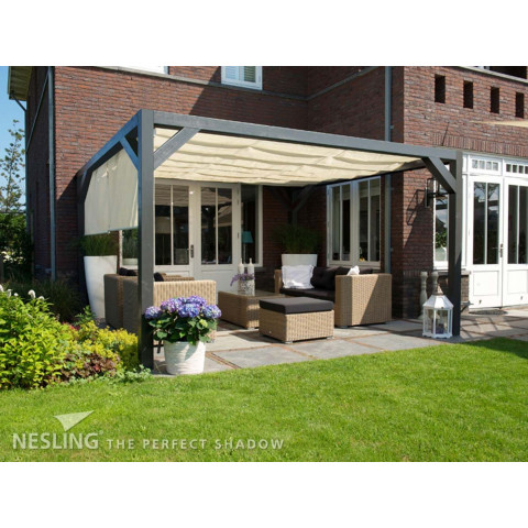 Pergola autoportante bois douglas toile crème porcelaine 4 x 2 m