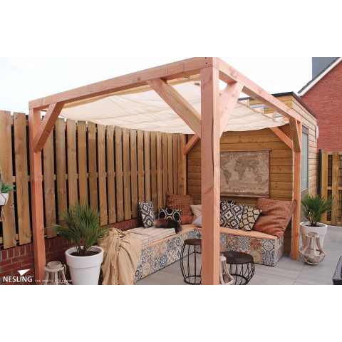 Pergola autoportante bois douglas toile crème porcelaine 3 x 2,9 m