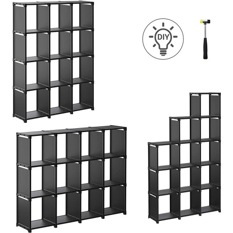 Cube de rangement bibliothèque à 12 casiers placard modulable - 105 x 30 x 140 cm maillet en caoutchouc fourni noir
