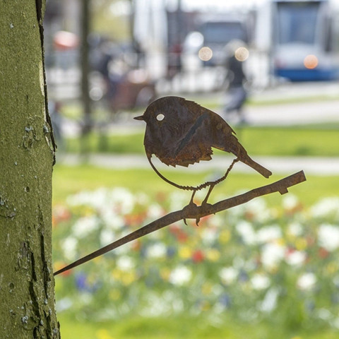 Oiseau à planter rouge gorge en acier corten hauteur 22cm
