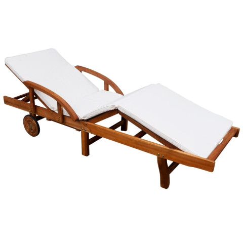 Transat chaise longue bain de soleil lit de jardin terrasse meuble d'extérieur avec coussin bois d'acacia solide helloshop26 02_0012350