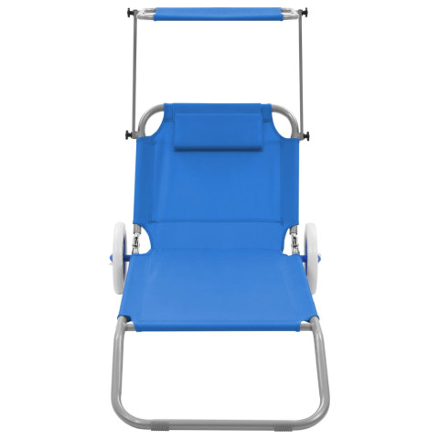 Transat chaise longue bain de soleil lit de jardin terrasse meuble d'extérieur pliable avec auvent et roues acier bleu helloshop26 02_0012823