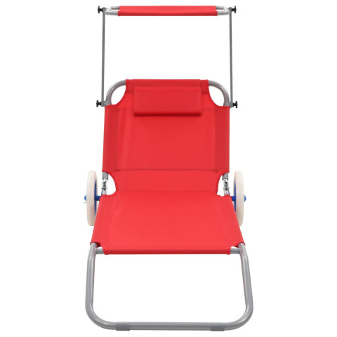 Transat chaise longue bain de soleil lit de jardin terrasse meuble d'extérieur pliable avec auvent et roues acier rouge helloshop26 02_0012826
