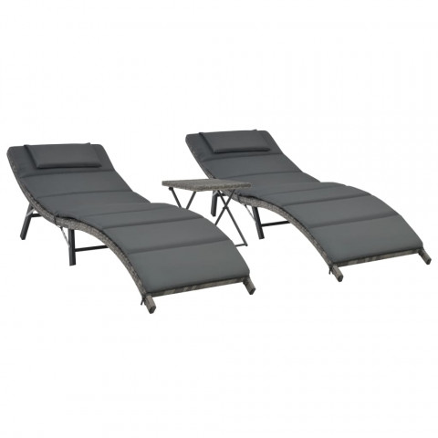 Ensemble de chaises longues pliables 3 pcs résine tressée gris