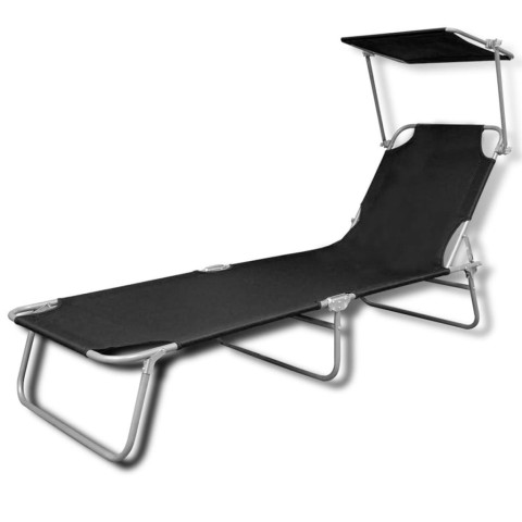 Transat chaise longue bain de soleil lit de jardin terrasse meuble d'extérieur pliable avec auvent acier et tissu noir helloshop26 02_0012808