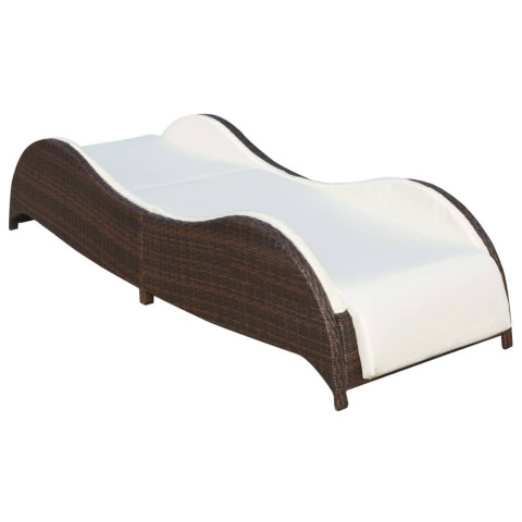 Transat chaise longue bain de soleil design vague lit de jardin terrasse meuble d'extérieur avec coussin résine tressée marron helloshop26 02_0012515