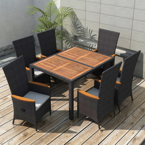 Mobilier à dîner d'extérieur 7pcs résine tressée et acacia noir