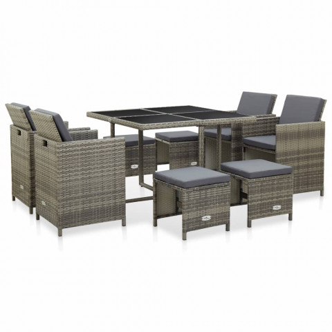 Mobilier à dîner de jardin 9pcs et coussins résine tressée gris