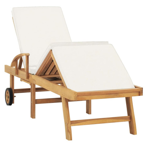 Transat chaise longue bain de soleil lit de jardin terrasse meuble d'extérieur 195 cm avec coussin bois de teck solide crème helloshop26 02_0012429