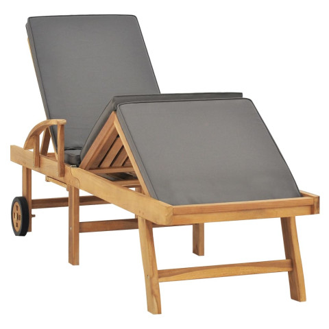 Transat chaise longue bain de soleil lit de jardin terrasse meuble d'extérieur avec coussin bois de teck solide gris foncé helloshop26 02_0012430