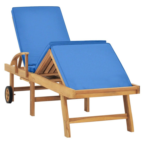 Transat chaise longue bain de soleil lit de jardin terrasse meuble d'extérieur avec coussin bois de teck solide bleu helloshop26 02_0012428