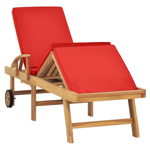 Transat chaise longue bain de soleil lit de jardin terrasse meuble d'extérieur avec coussin bois de teck solide rouge helloshop26 02_0012431