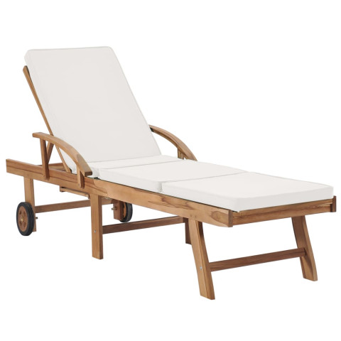 Lot de 2 transats chaise longue bain de soleil lit de jardin terrasse meuble d'extérieur avec coussins bois de teck solide crème helloshop26 02_0012154