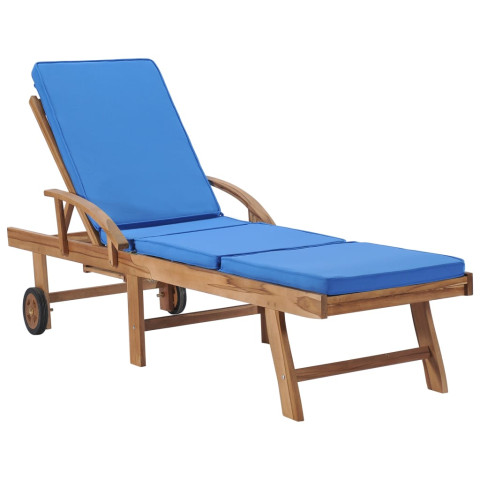 Lot de 2 transats chaise longue bain de soleil lit de jardin terrasse meuble d'extérieur avec coussins bois de teck solide bleu helloshop26 02_0012153