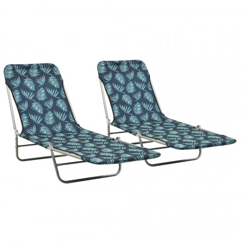 Chaises longues pliables 2 pcs acier et tissu motif de feuilles