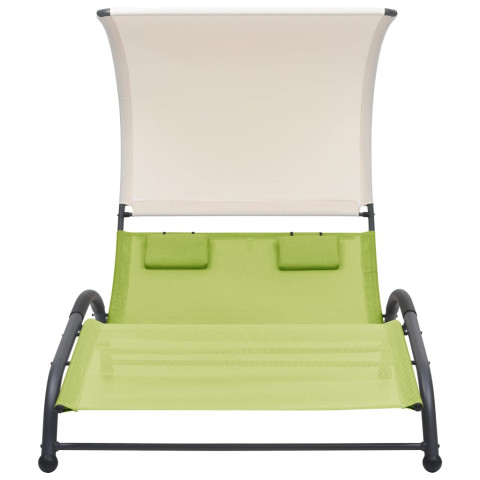 Transat chaise longue bain de soleil lit de jardin terrasse meuble d'extérieur double avec auvent textilène vert helloshop26 02_0012726