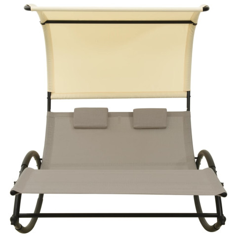 Transat chaise longue bain de soleil lit de jardin terrasse meuble d'extérieur double 139 x 180 x 170 cm avec auvent textilène taupe et crème helloshop26 02_0012725