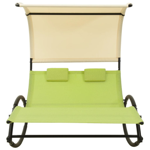 Transat chaise longue bain de soleil lit de jardin terrasse meuble d'extérieur double avec auvent textilène vert et crème helloshop26 02_0012727