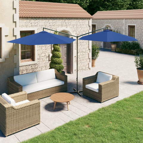 Parasol double avec mât en acier bleu azuré 600 cm