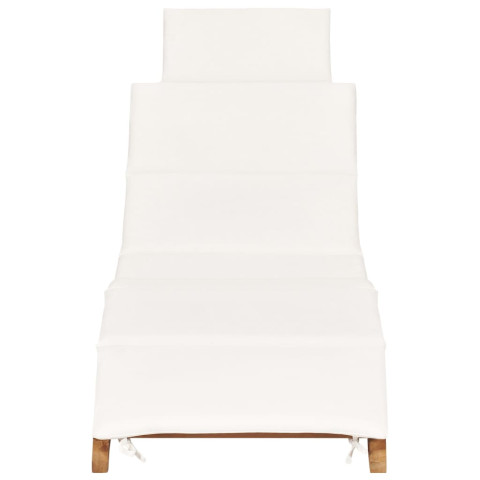 Transat chaise longue bain de soleil lit de jardin terrasse meuble d'extérieur pliable avec coussin blanc crème bois de teck helloshop26 02_0012835