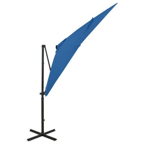 Parasol meuble de jardin déporté avec mât et lumières led 250 cm bleu azur helloshop26 02_0008518