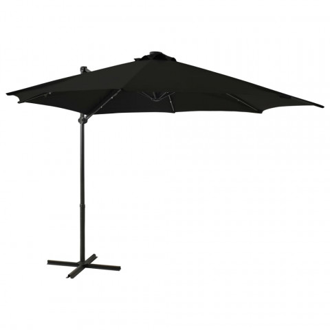 Parasol déporté avec mât et lumières led noir 300 cm