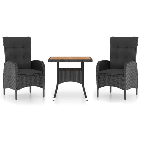 Ensemble à dîner de jardin 3 pcs résine tressée et acacia noir