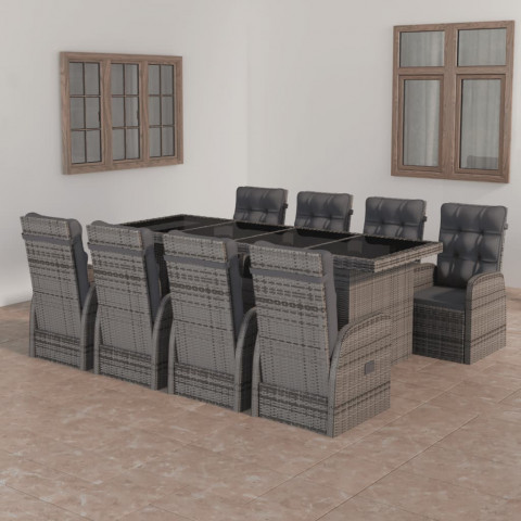 Mobilier à dîner jardin 9 pcs avec coussins résine tressée gris