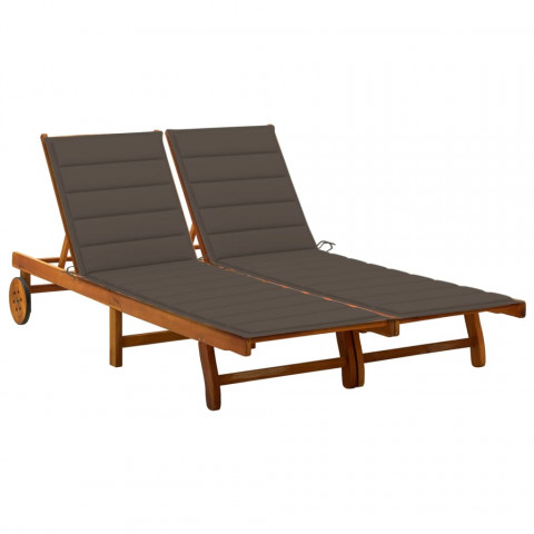 Chaise longue de jardin 2 places avec coussins acacia solide