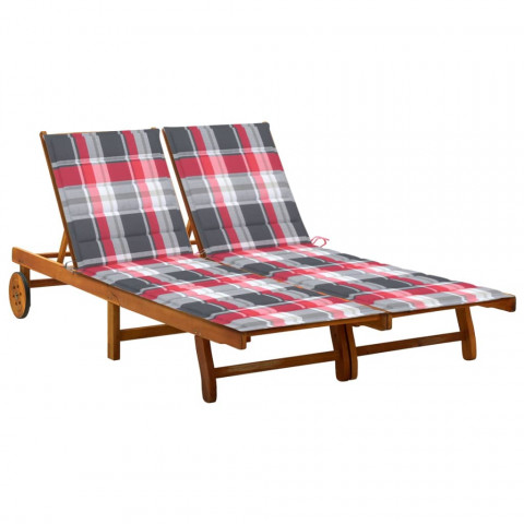 Chaise longue de jardin 2 places avec coussins acacia solide