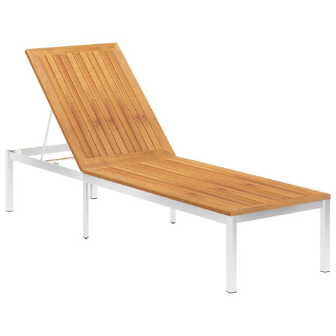 Transat chaise longue bain de soleil lit de jardin terrasse meuble d'extérieur avec coussin bois d'acacia et acier inoxydable helloshop26 02_0012324