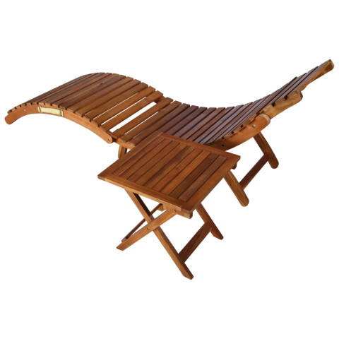 Transat chaise longue bain de soleil lit de jardin terrasse meuble d'extérieur avec table et coussin bois d'acacia helloshop26 02_0012638