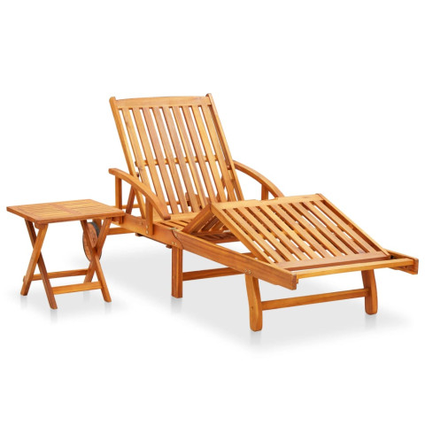 Transat chaise longue bain de soleil lit de jardin terrasse meuble d'extérieur avec table et coussin bois d'acacia helloshop26 02_0012621